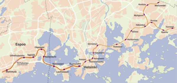 The existing (dash) and future (Länsimetro, bold) metro line with the location of the stations